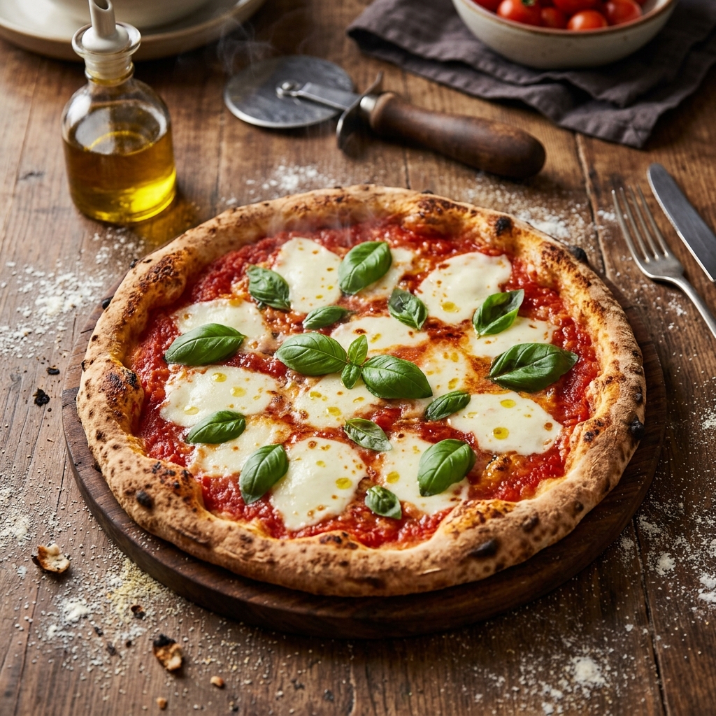 Nærbillede af friskbagt italiensk pizza med smeltet mozzarella og frisk basilikum fra Roma Pizzaria i Slangerup
